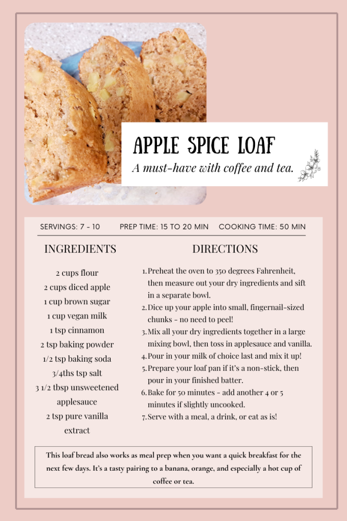 a light pink ingredients and directions recipe list for apple spice loaf 
